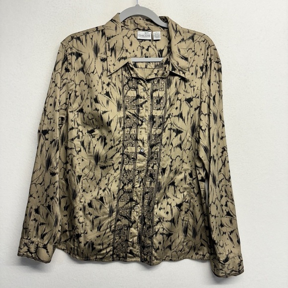 Chicos Button Down Shirt Embroidered 3 / L Tan Black Abstract Floral - Picture 1 of 6